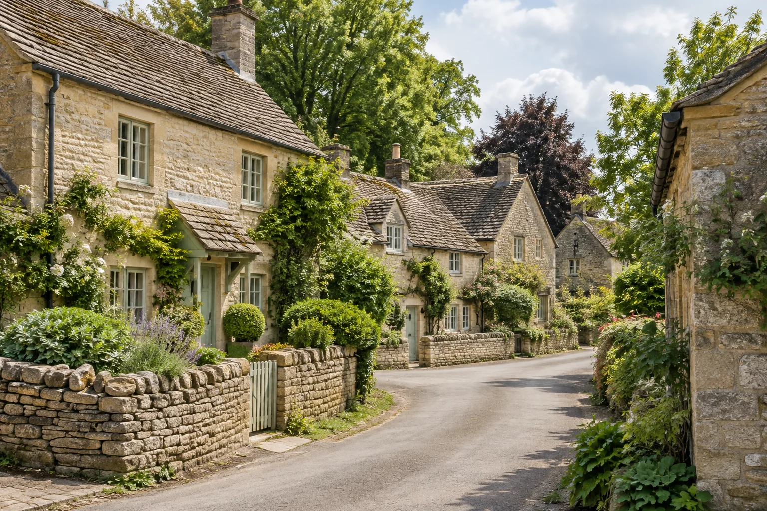 An AI-created Cotswold-style village lane with stone cottages and greenery